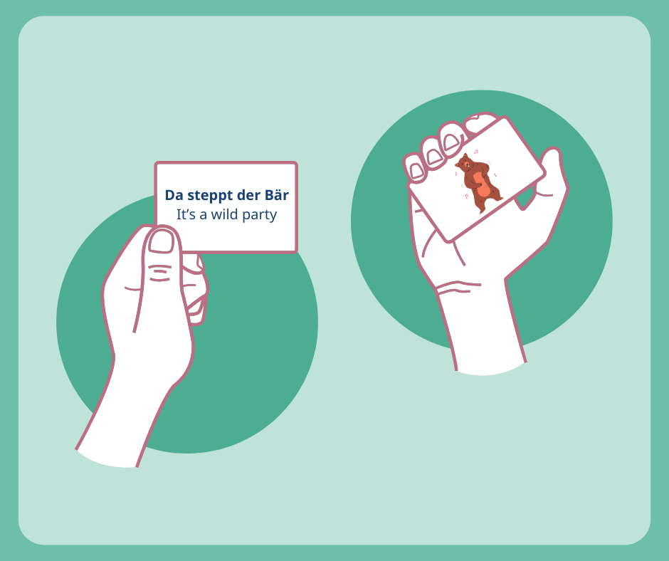 Two hands holding flashcards with a picture and a German and English phrase