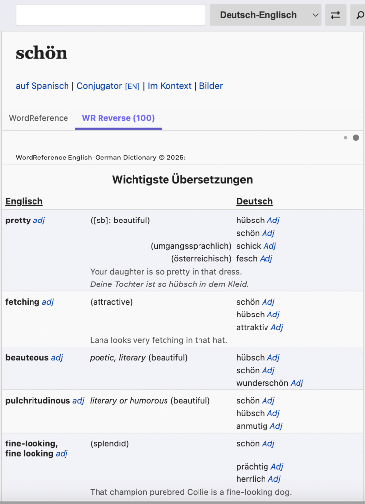 List of synonyms for schön